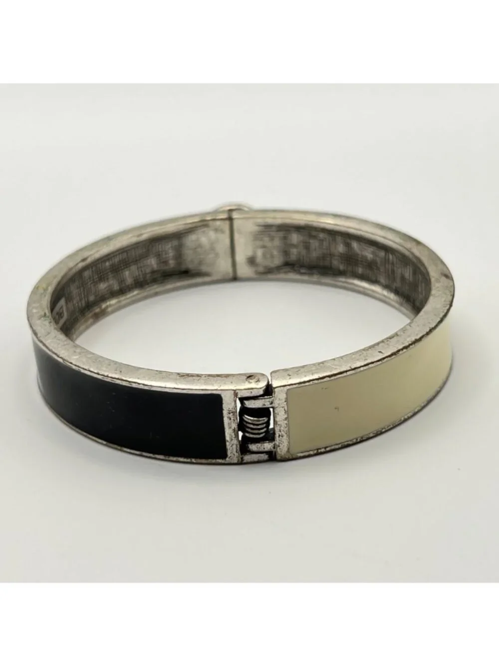 BCBGeneration Black Cream Enamel Hinged Bangle Bracelet 6.5